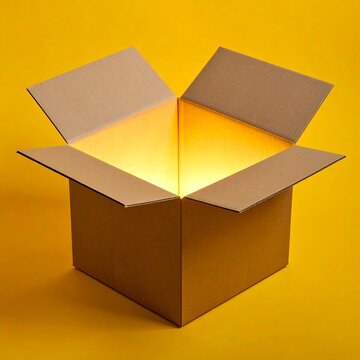 Open cardboard box, bright light inside
