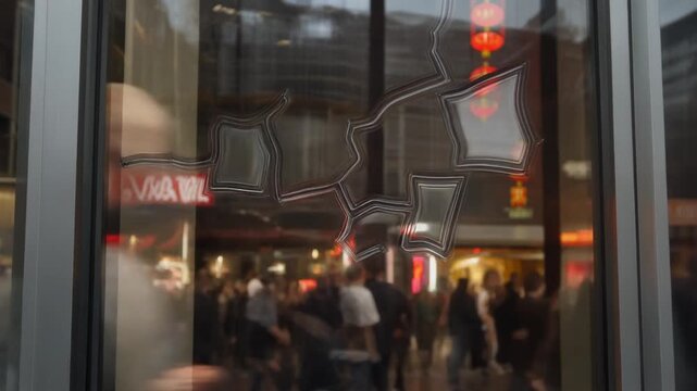 Reflections in a Storefront Window. Chinese New Year. A modern, sleek storefront window that captures a fragmented, distorted reflection of the passing dragon and the celebratory crowd.
