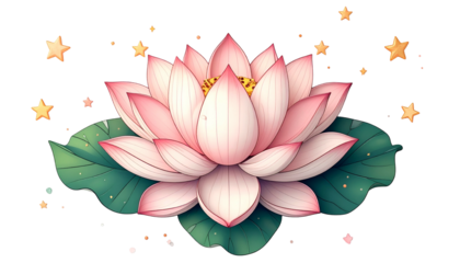 A detailed cartoon illustration of a lotus flower with a star-speckled dark background