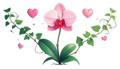 A pink orchid with hearts and leafy vines against a black background