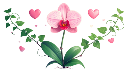 A pink orchid with hearts and leafy vines against a black background