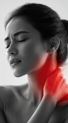 Woman Experiencing Neck Pain with Red Glow Highlighting Discomfort Area