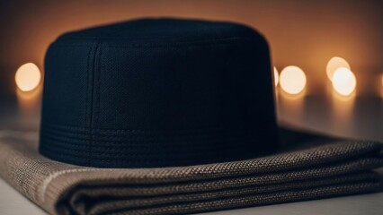 Traditional dark blue kufi cap resting on a folded textured fabric, with soft bokeh lights in the background.