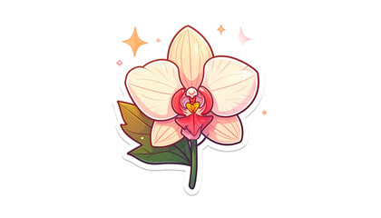 Adorable illustrated sticker of a light cream orchid with a pink heart and sparkling accents
