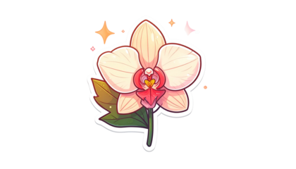 Adorable illustrated sticker of a light cream orchid with a pink heart and sparkling accents