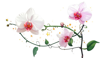 Graceful digitally-rendered illustration of white and pink orchids on a twisting vine