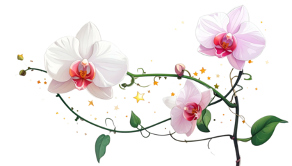 Graceful digitally-rendered illustration of white and pink orchids on a twisting vine