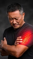 Man Experiencing Pain in Arm with Red Light Highlighted Injury Area
