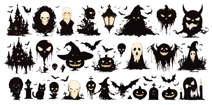 Vasta collezione di sagome e icone spettrali per Halloween, perfette per decorazioni digitali e design grafico con sfondo trasparente.