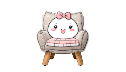 Cartoon armchair with a smiling face, pink bow, and pastel color scheme