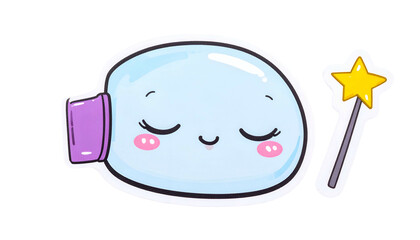 A kawaii-style jar with closed eyes and a purple stopper, beside a star-tipped wand