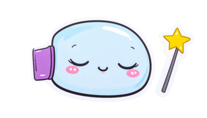A kawaii-style jar with closed eyes and a purple stopper, beside a star-tipped wand