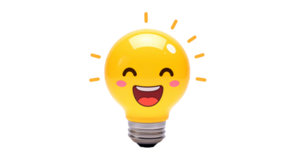 Animated, smiling, glowing yellow lightbulb, radiating light, on a black background