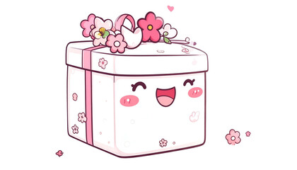 Adorable animated gift box smiling with floral decorations, hearts, and pastel colors