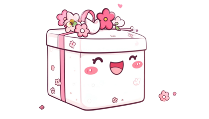 Adorable animated gift box smiling with floral decorations, hearts, and pastel colors