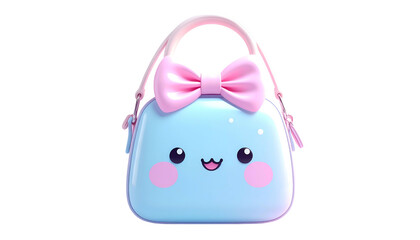 Adorable kawaii-style blue handbag with pink bow and handle; cartoon face