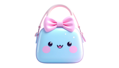 Adorable kawaii-style blue handbag with pink bow and handle; cartoon face