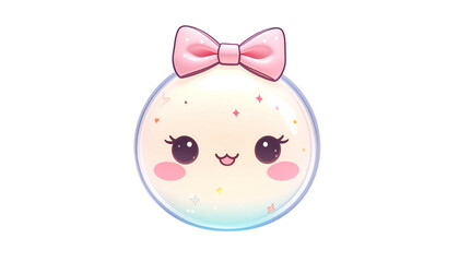 Adorable, kawaii-style round character with a pink bow, smiling, and sparkly details