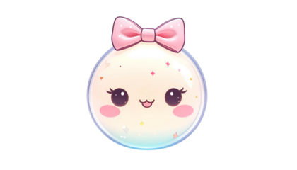 Adorable, kawaii-style round character with a pink bow, smiling, and sparkly details