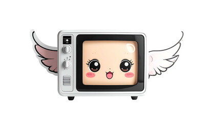 A whimsical cartoon microwave with a happy face and delicate wings, floating in midair