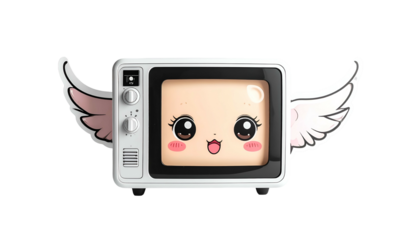 A whimsical cartoon microwave with a happy face and delicate wings, floating in midair