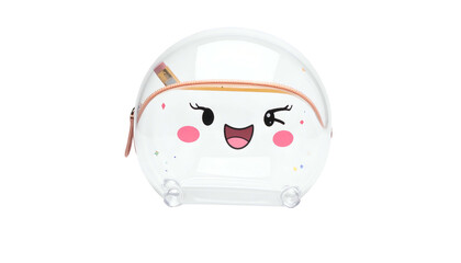Transparent cosmetic container with a cartoon face, pink accents, and confetti-like decorations