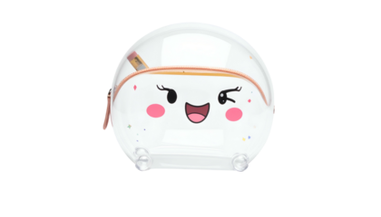 Transparent cosmetic container with a cartoon face, pink accents, and confetti-like decorations