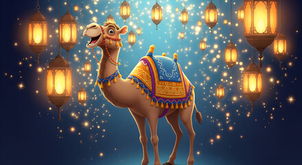Cheerful camel celebration desert festival animated image nighttime whimsical concept