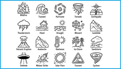 Natural disaster and extreme weather icon set, emergency preparedness symbols, climate hazards, environmental risks, vector illustration for educational use © Hafeza