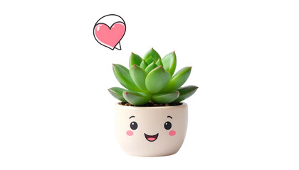 Adorable succulent with rosy cheeks in a smiling pot, and a pink heart hovering above
