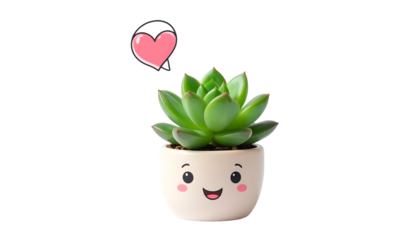 Adorable succulent with rosy cheeks in a smiling pot, and a pink heart hovering above