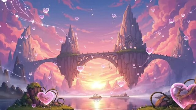 Love fantasy landscape animation with glowing hearts sky romantic dream motion scene for valentine celebration relationship emotion wedding background video