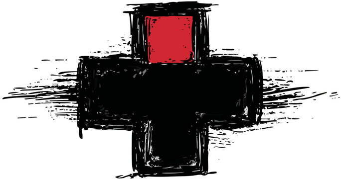 Simbolo di croce nera e rossa in stile grunge, disegnata a mano con texture ruvida, ideale per design grafico su sfondo trasparente.