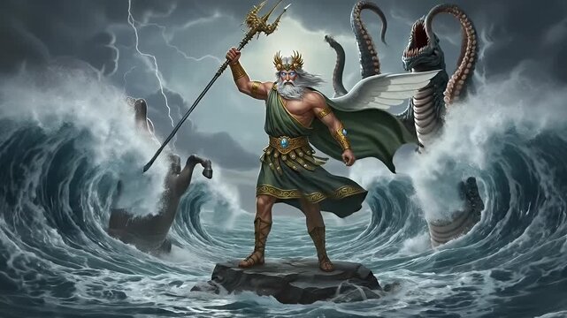 Poseidon King of The Sea Stands Victorious Over Monsters Cinematic Footage