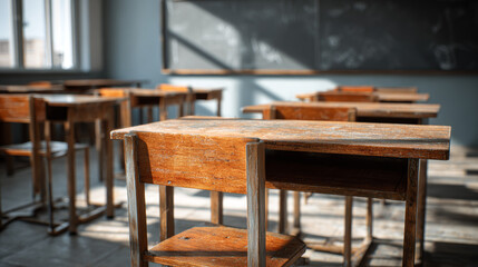 Empty wooden classroom desks with smooth polished surfaces and sturdy legs arranged in a bright, modern educational setting