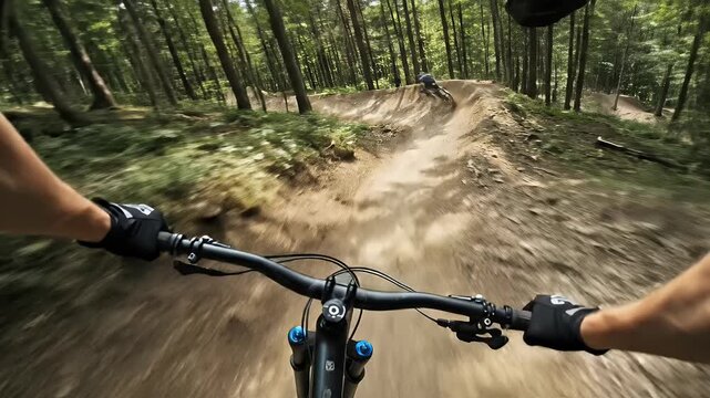 POV Mountain Bike Ride Through Forest Trail Jumps and Turns