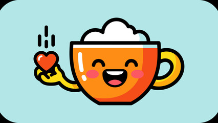Cute Coffee Cup Character Holding a Heart with Cream.