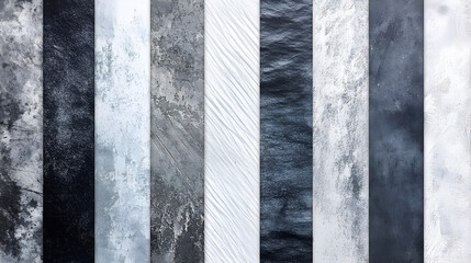 A close-up view of a textured, striped surface in various shades of gray and white