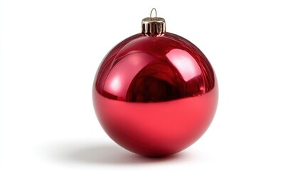 A bright red Christmas ornament stands alone on a white surface. This decoration relates to the holiday spirit and is suitable for various festive activities.