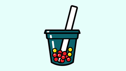 Illustration of a cup of bubble tea with straw and tapioca pearls.