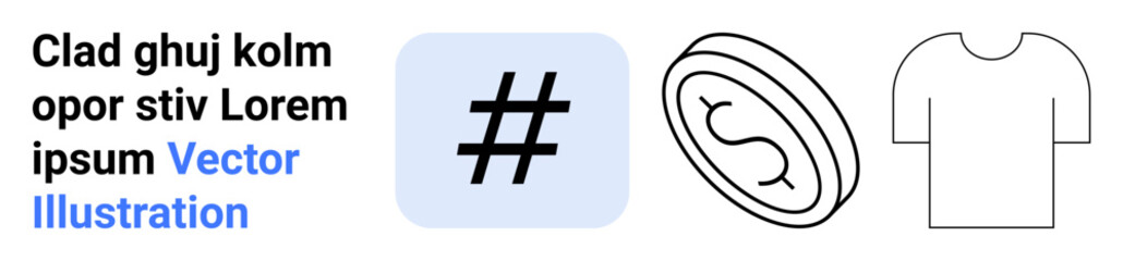 Obraz premium metadata tag in blue square, sketched coin with dollar sign, outlined t-shirt, placeholder text in modern style. Ideal for social media, economy, retail, branding, design education simple landing