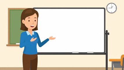 Female teacher gesturing towards a blank whiteboard in a classroom setting, ideal for educational presentations or online learning content