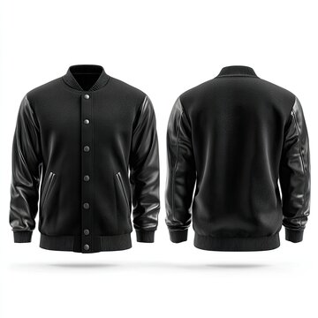 Black varsity jacket front and back view, leather sleeves, snap closure