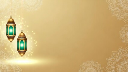 Elegant ramadan greeting background with glowing green lanterns and ornate mandala patterns