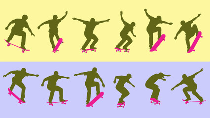 Silhouette of skateboarder performing tricks in various dynamic poses. © Abhinaya Project