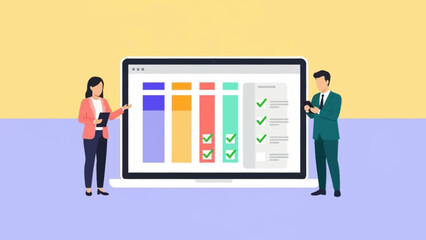 Fototapeta premium Business professionals analyzing data on a large screen display.