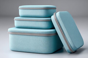 Set of sleek blue fabric travel cases stacked neatly against a soft gray backdrop, conveying organization, portability, and stylish modern packing or storage solutions.