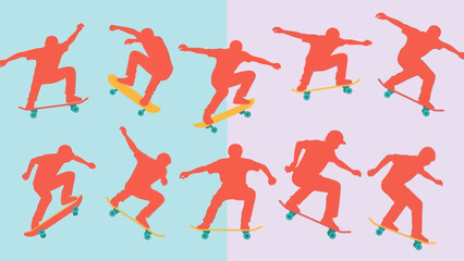Dynamic Silhouettes of Skateboarders in Action on Pastel Backgrounds. © Abhinaya Project