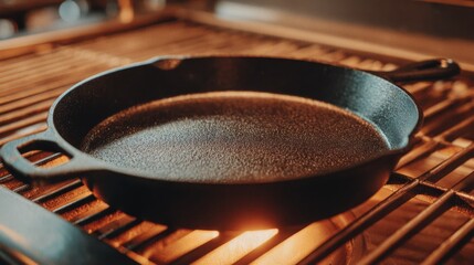 Seasoned cast iron skillet sits on a hot grill grate glowing with flame, creating a warm rustic mood ideal for barbecue concepts, recipes, or outdoor cooking promotions.
