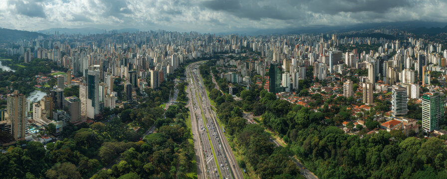 A bustling metropolis with a complex highway system surrounded by numerous high-rise buildings and lush green parks